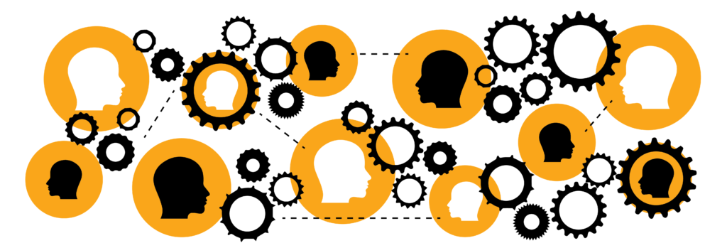 Graphic of silhouettes, cogs and dotted lines in one image that indicates knowledge sharing.